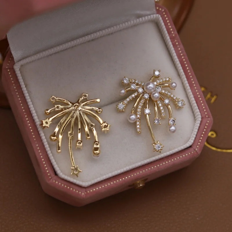 14K Gold Plated Zircon Pearl Firework Earrings