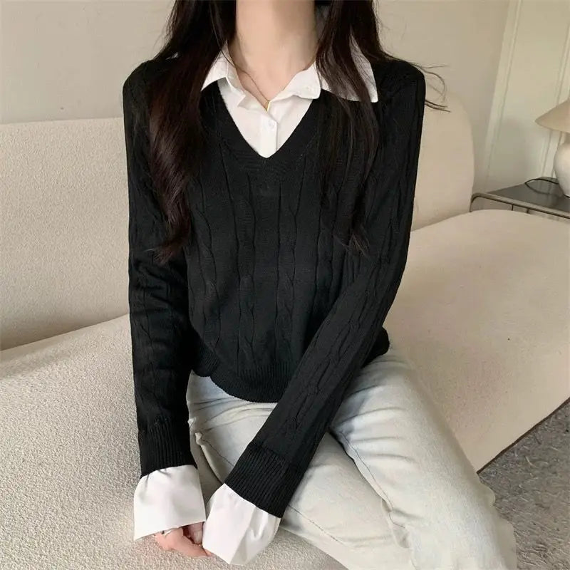 Fake Two Shirts, Knitted Sweater Women's Autumn/winter New Item Shirt Collar Niche Sweater Long Sleeved Top Inner Layer as Base