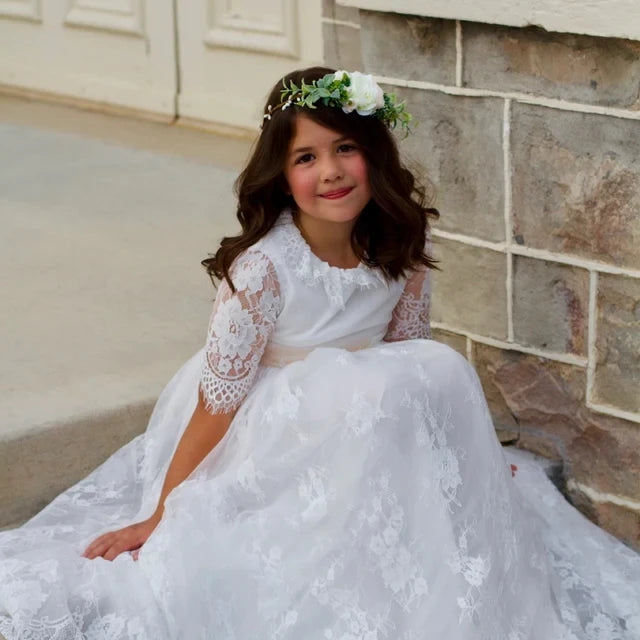 Long White Dresses for Kids Girls Princess Elegant Wedding Guest Children Bridesmaid Lace Dress Party Evening Gown 3 6 14 Years