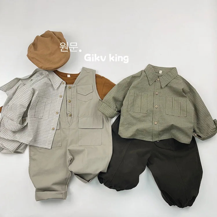 2025 Spring New Children Long Sleeve Lapel Plaid Shirts Infant Boys Vintage Casual Coat Toddler Girls Pocket Tops Kids Clothes