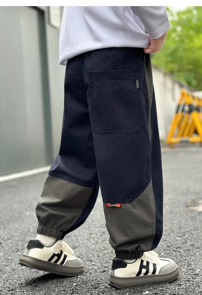 New Spring Autumn Fashion Splicing Style Boys Pants Loose Patchwork Sport Overalls Cargo Trousers For 4-14 Years Old Kids