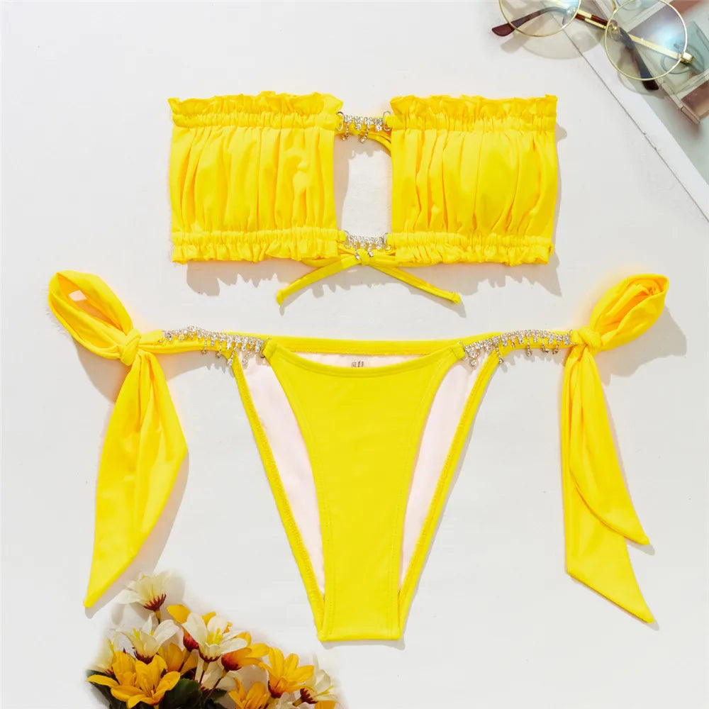 Rhinestone Chain Micro Thong Bikini
