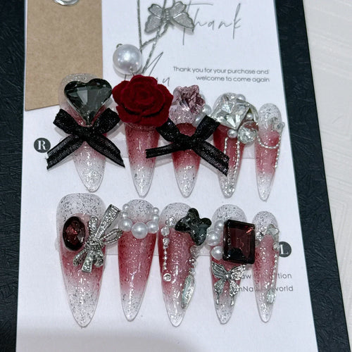 10pc Detachable Long Stilette Ballet False Nails with Butterfly Camellia Design