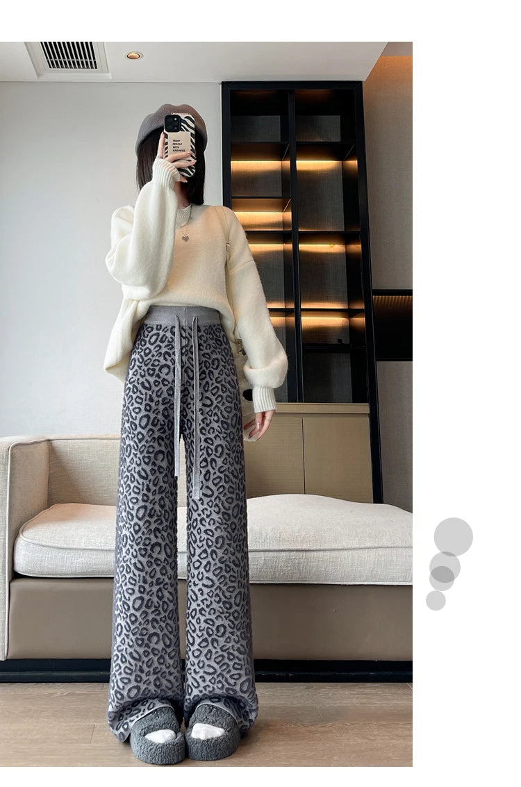 Leopard Print Contrast Color Basic Full Length Wide Leg Pants