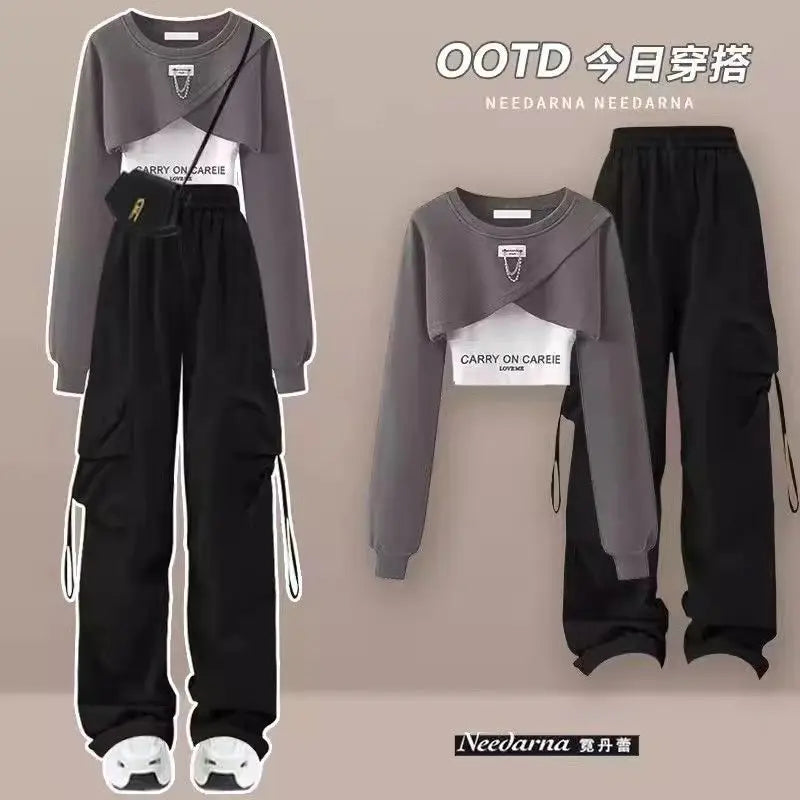 Loose Design Casual Top + Suspender + Wide Leg Pants Three Piece Set