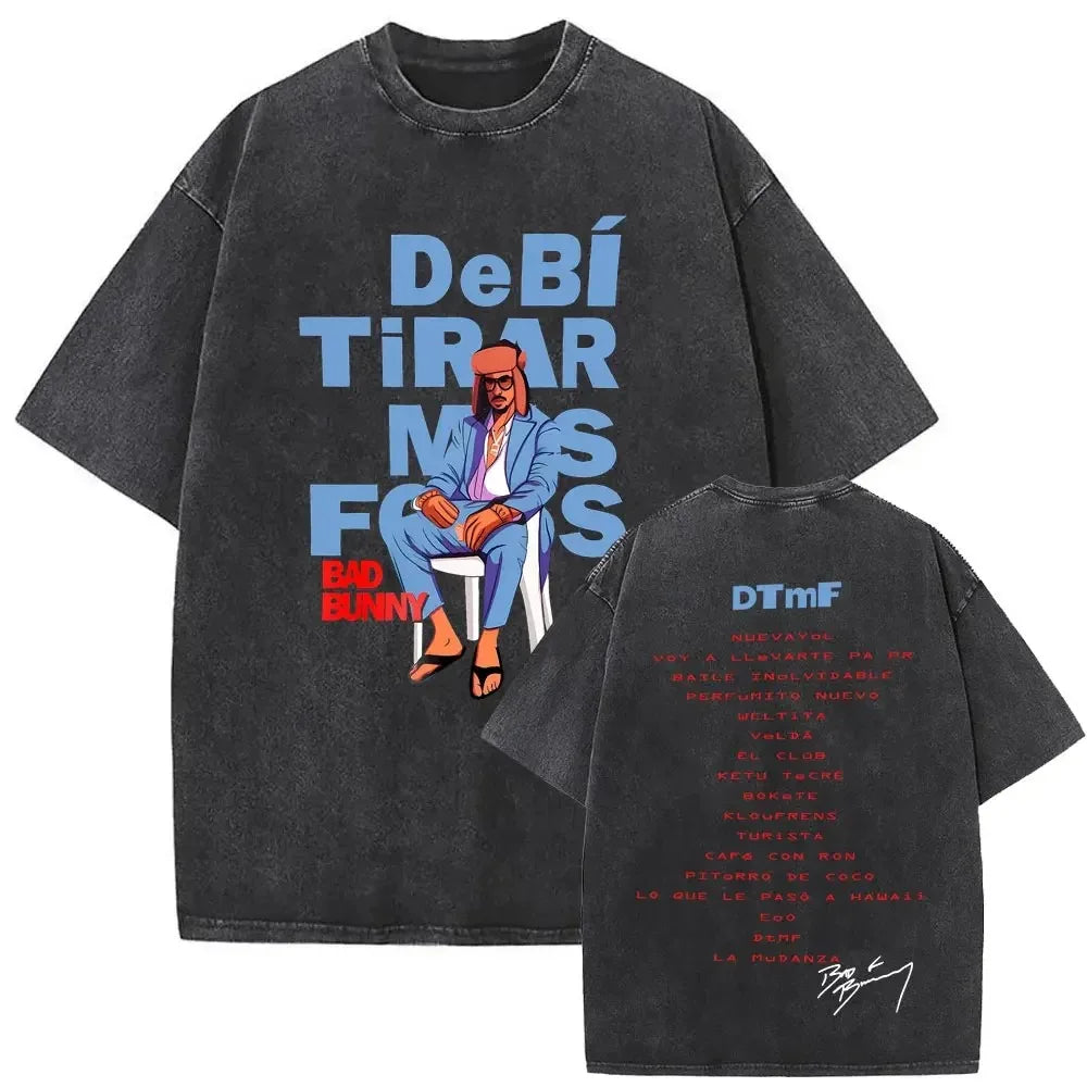 Washed Vintage Rapper Bad Bunny DeBi TiRAR MaS FOToS DTMF Print T-Shirt