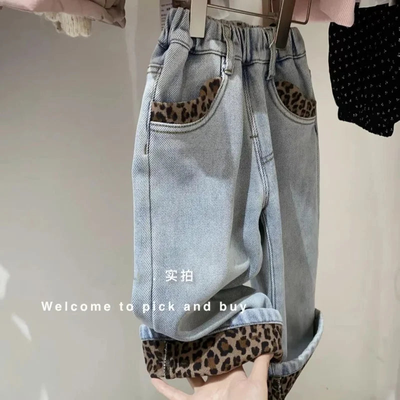 Girls Leopard Print Jeans Winter New Item Thickened one-piece Fleece Warm Straight Leg Pants For Girls Baby Winter Clothes Pants