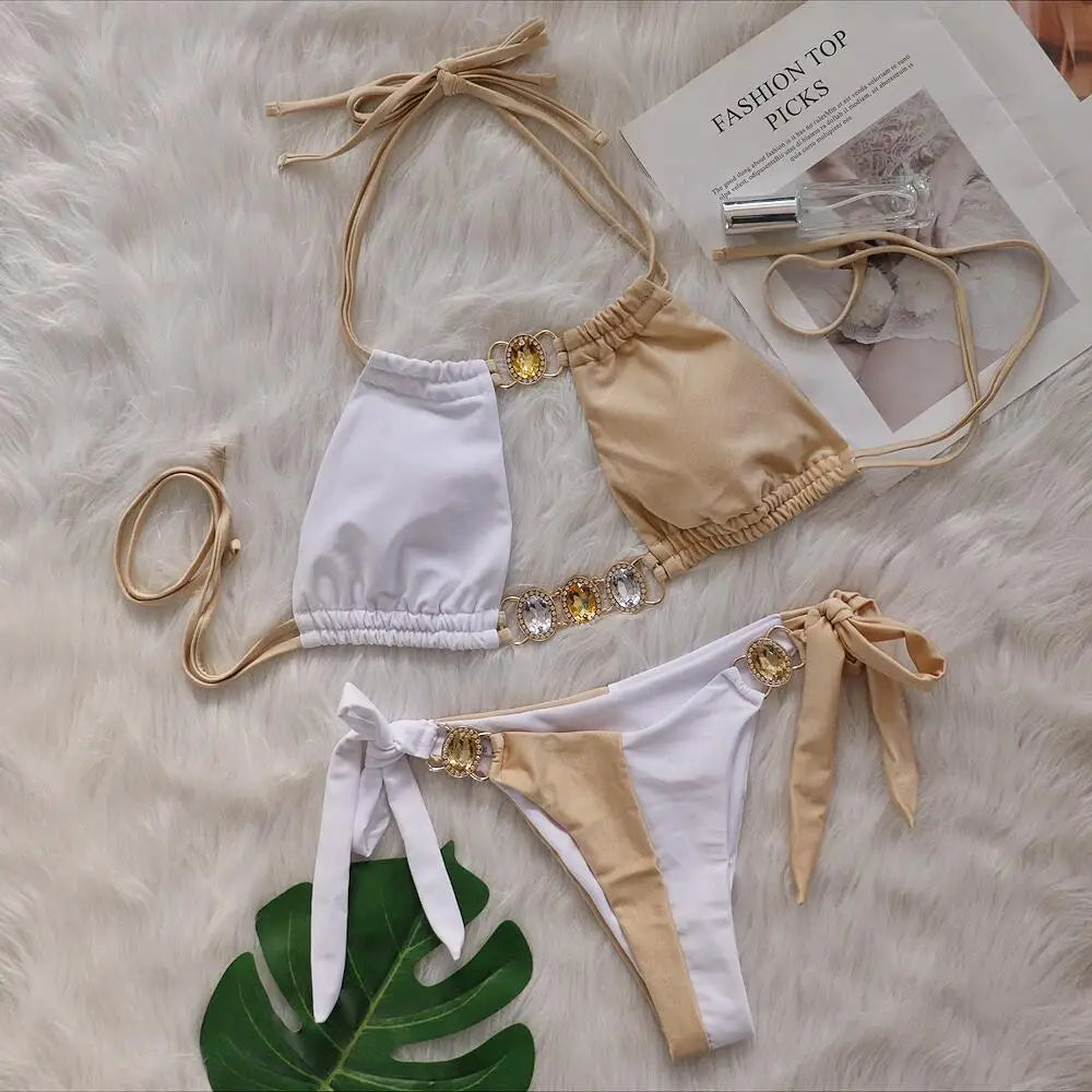Rhinestones Splicing Bikini Set