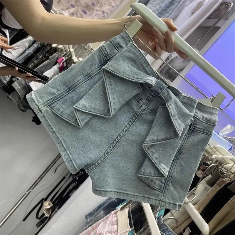 Bow Splicing Denim Shorts