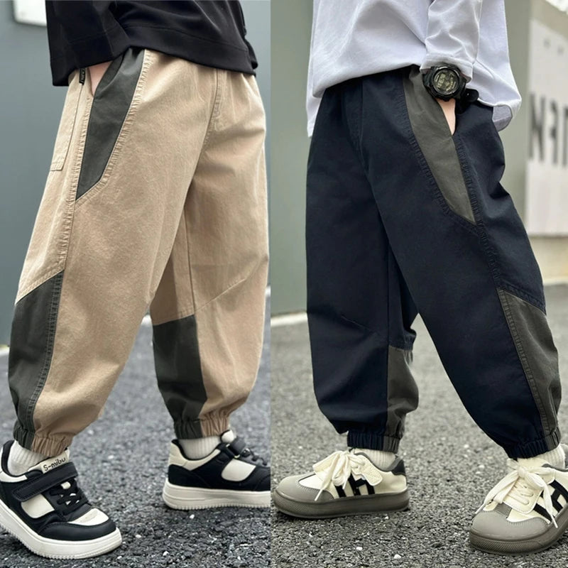 New Spring Autumn Fashion Splicing Style Boys Pants Loose Patchwork Sport Overalls Cargo Trousers For 4-14 Years Old Kids