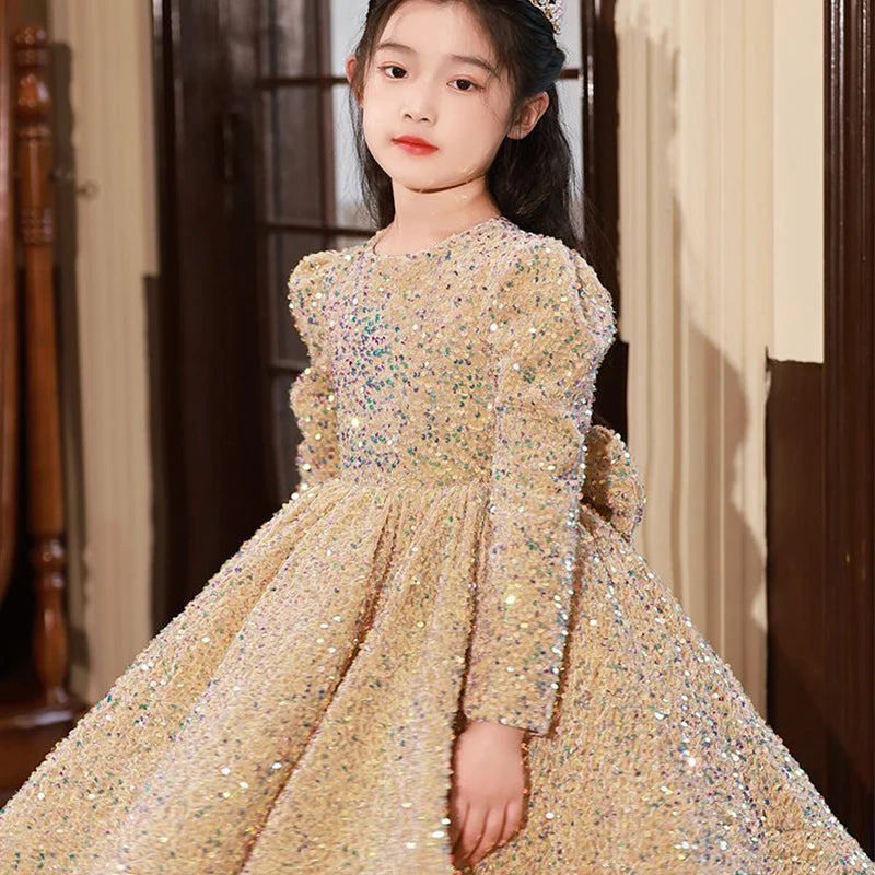 2-12 Yrs Flower Girls Dress Wedding Birthday Dress Golden Sequin Lace First Communion Dresses for Girls Baptism Party Vestidos