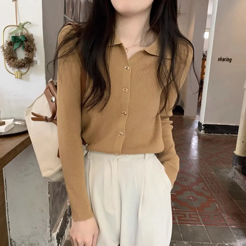 Autumn Elegant Fashion Solid Knit Cardigan Women Clothing Chic Turn-down Collar Long Sleeve Sweater All-match Elegant Button Top