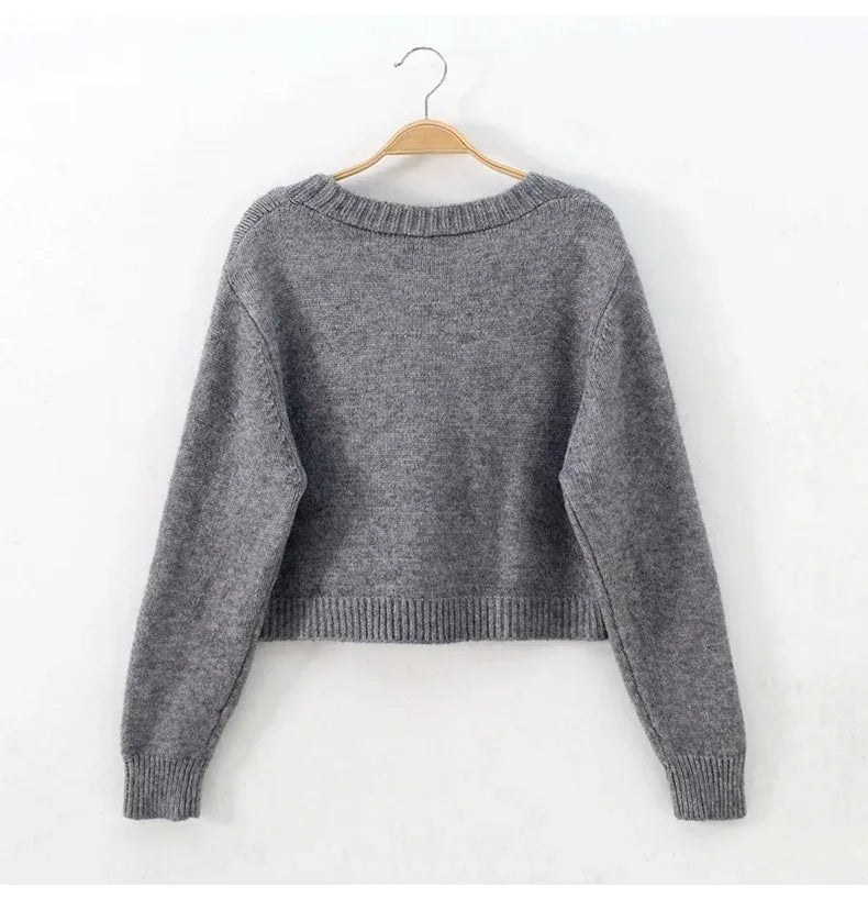 V Neck Cropped Cardigan Women Long Sleeve Twist Knitted Sweater Coats Autumn Winter Keep Warm Korean Fashion Jacket Cardigan