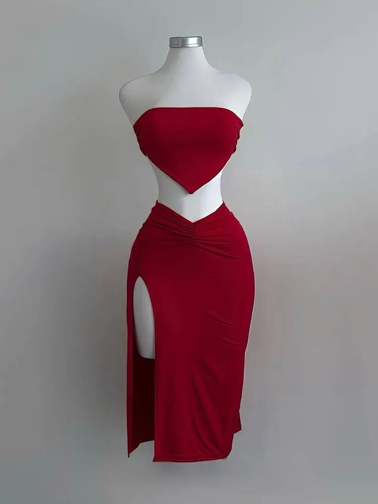 Strapless Backless Crop Top High Waist Skirt 2 Piece Set