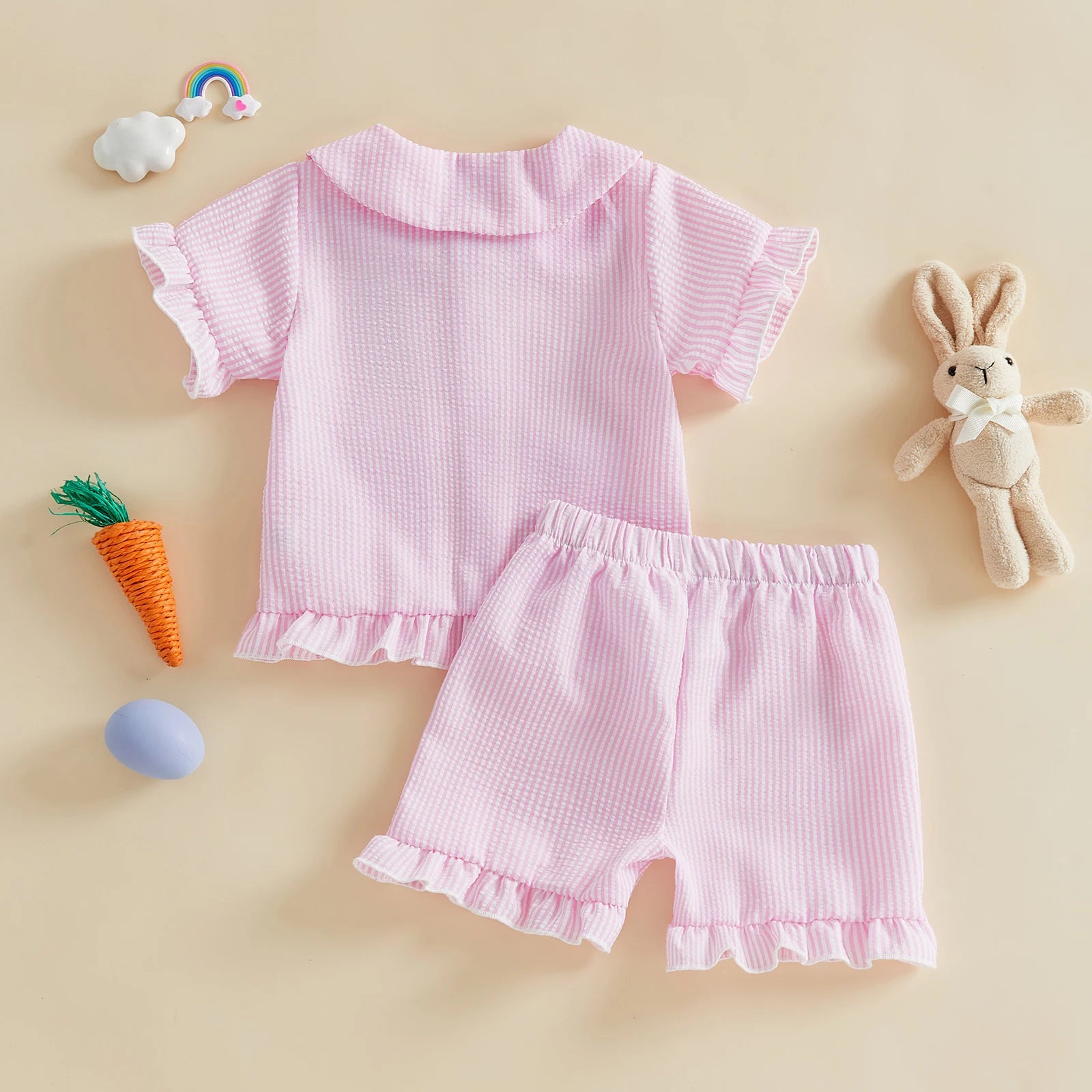 Citgeett Summer Easter Kids Toddler Baby Boys Girls Pajamas Set Bunny Embroidered Striped Button Short Sleeve Top Shorts Clothes