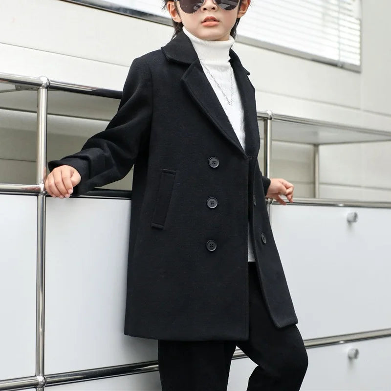 Boys Autumn Winter Double-breasted Coat Kids Solid Woolen Jacket Children Outerwear Toddler Teenager Overcoat 6 8 10 12 14 Years