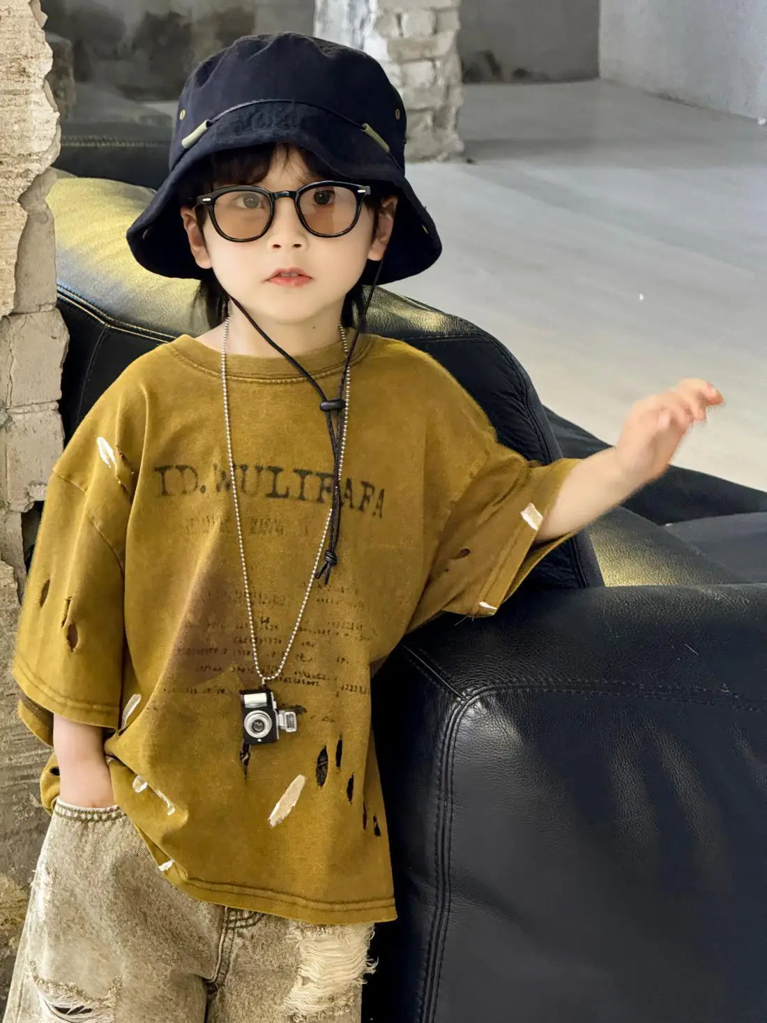 100-150cm Boys' clothing set summer new style children's ripped denim shorts tie dye short sleeved T-shirt 2-piece set