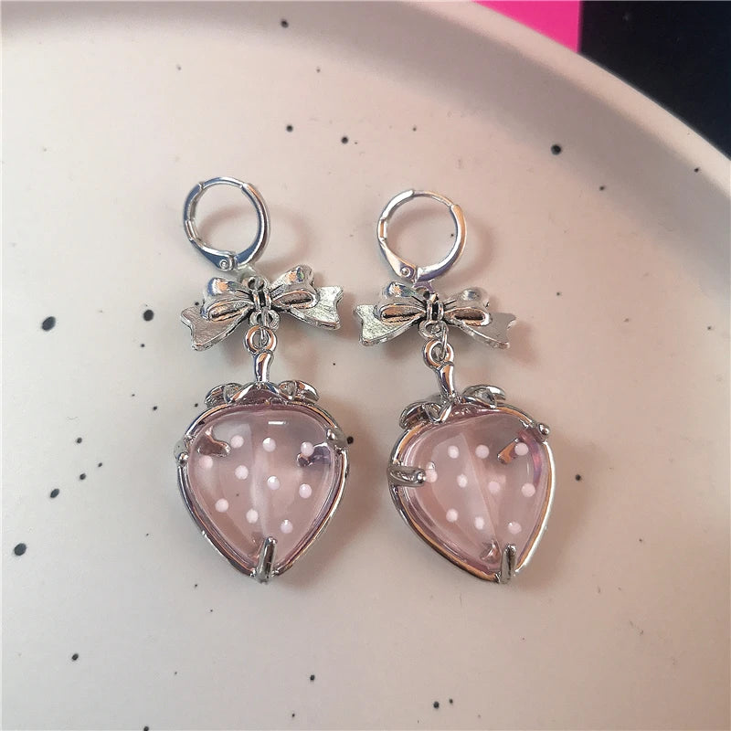 Goth Vintage Cute Bowknot Pink Strawberry Heart Star Pendant Earrings Egirl Gothic 2000s Y2K EMO Rave Jewelry Scene Accessories