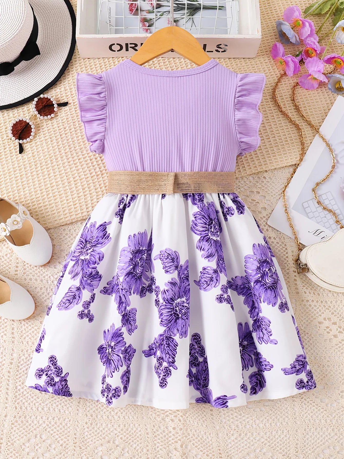 Purple White Patchwork Floral Ruffle Sleeve Dress