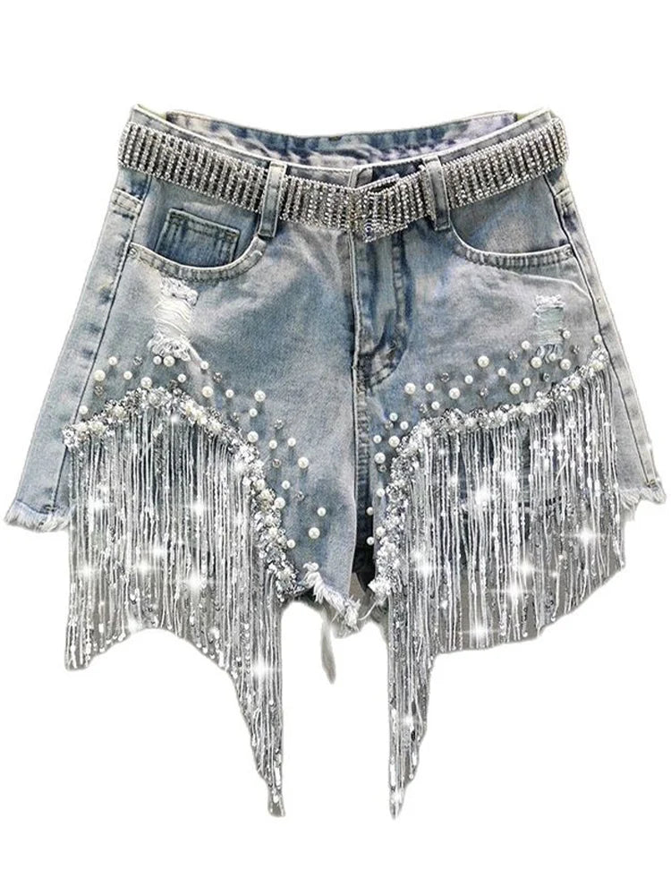 Tassel Beading High Waist Wide Leg Denim Shorts