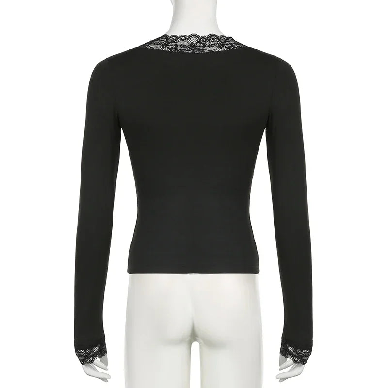 Lace Patchwork Black Skinny Elegant T-Shirt