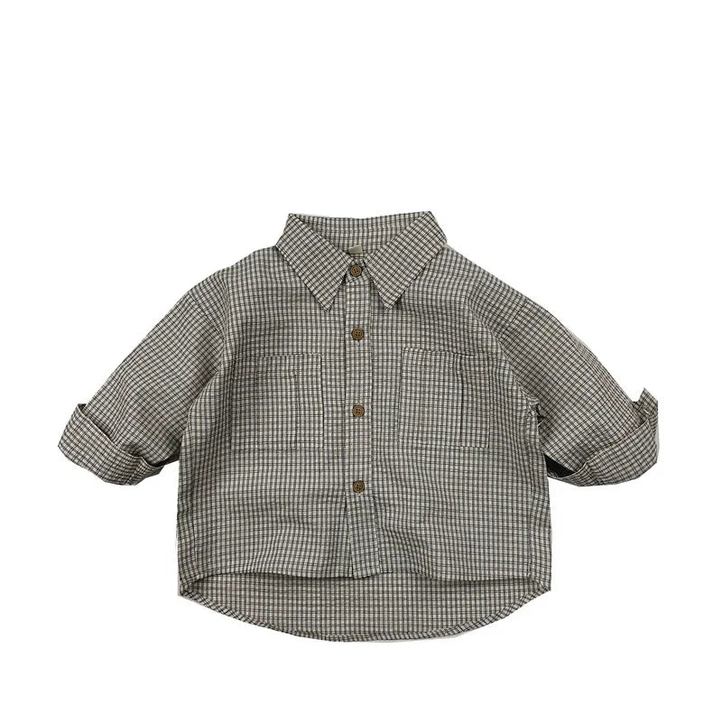 2025 Spring New Children Long Sleeve Lapel Plaid Shirts Infant Boys Vintage Casual Coat Toddler Girls Pocket Tops Kids Clothes