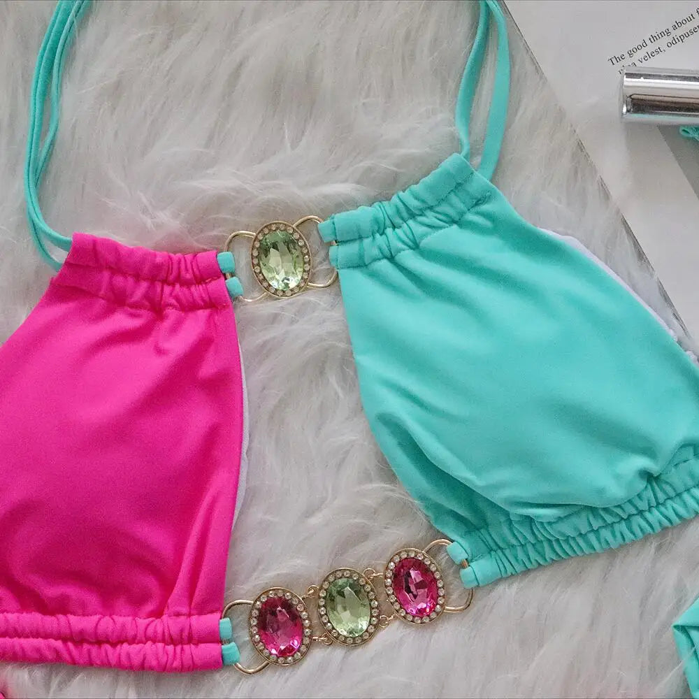 Rhinestones Splicing Bikini Set