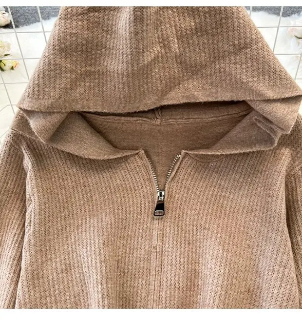 Zipper Hooded Slim Fit Knitted Sweatshirt Set