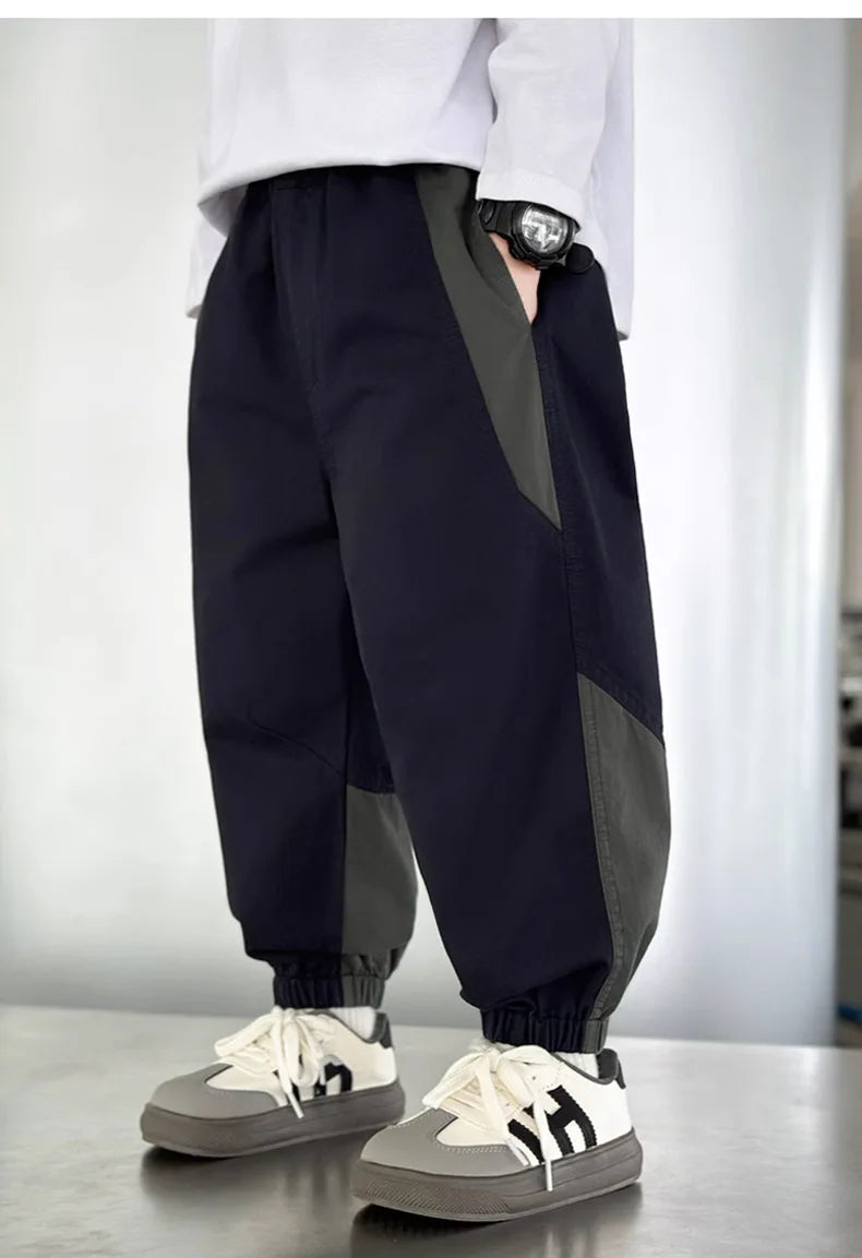 New Spring Autumn Fashion Splicing Style Boys Pants Loose Patchwork Sport Overalls Cargo Trousers For 4-14 Years Old Kids