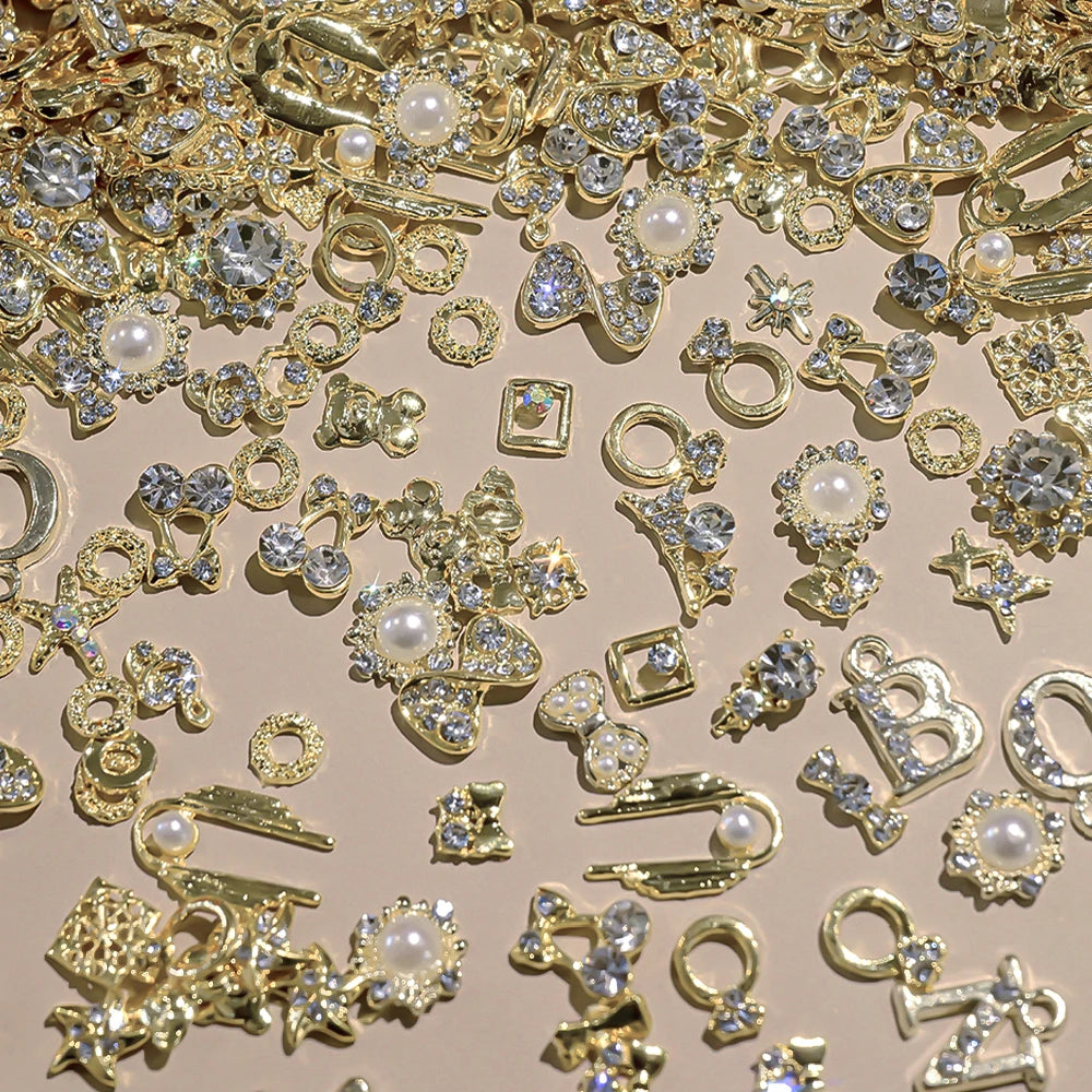 50Pcs 3D Mixed Random Luxury Nail Charms Metal Gold/Silver Butterfly/Bowknot Nail Art Decoration With Crystal Manicure Jewelry