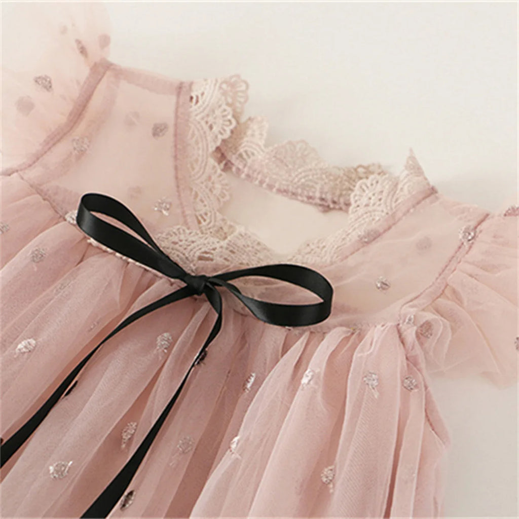 3 to 8 Years Summer Princess Girls Sweet Dress Floral Print Ruffles Sleeve Lace Tutu Mini Dress