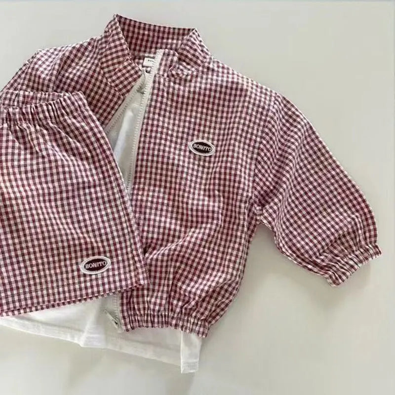 Children's Plaid Loose Coat New 0-5Y Boys Long Sleeve Sunscreen Jacket +shorts Girls Zippered Jacket Top Shorts Sun Proof Sets