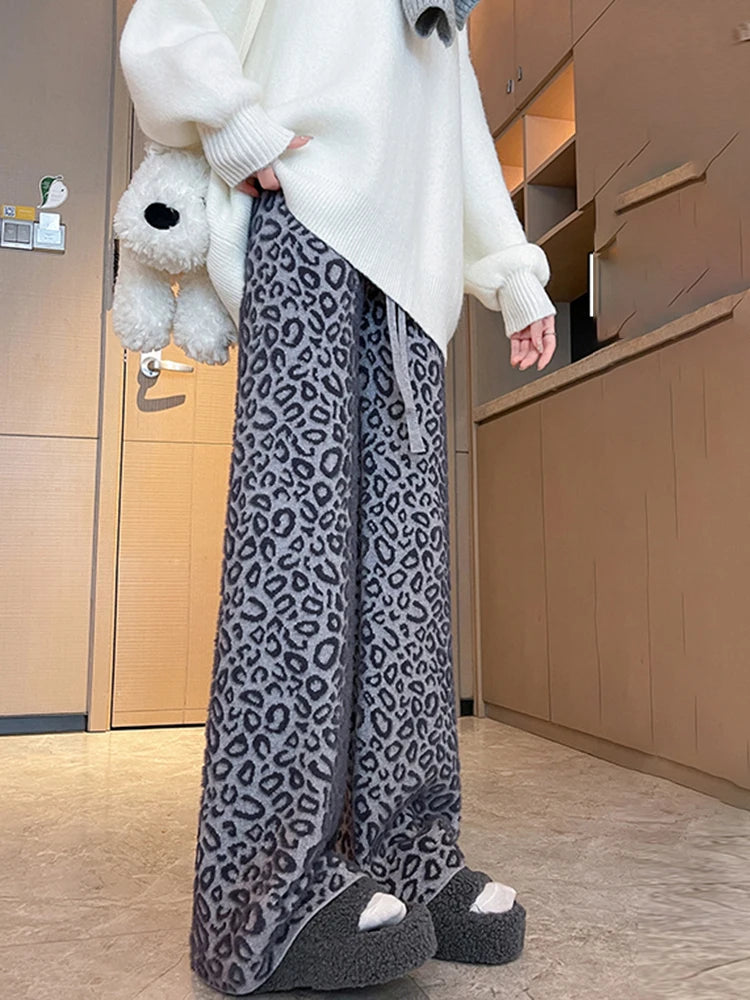 Leopard Print Contrast Color Basic Full Length Wide Leg Pants