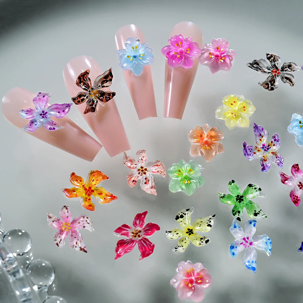5D Gradient Cherry&Lily Blossom Flowers Nail Charms 8x10mm Mixed Ice-Crystal Lily Floret Nail Decor Gradient Flowers Nail Part