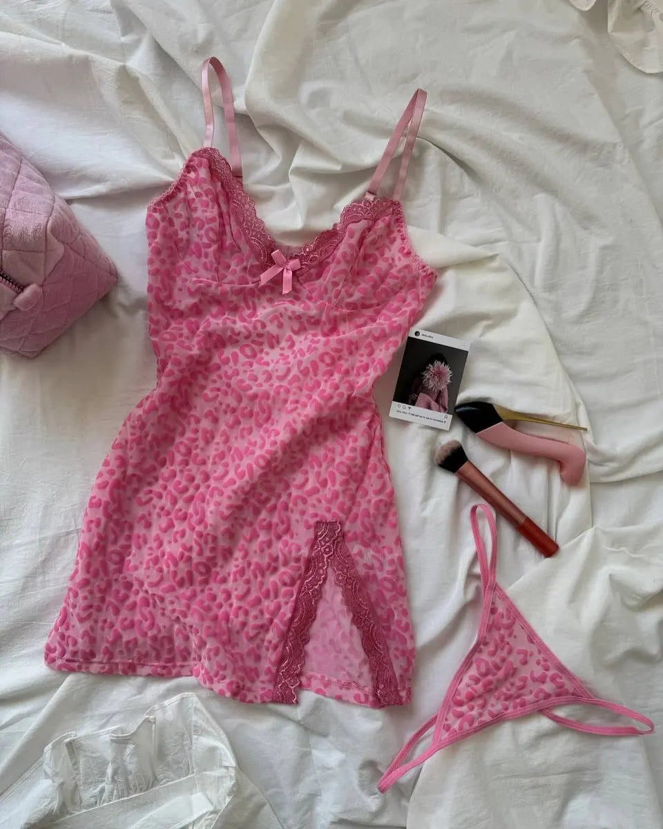 Leopard Print V Neck Lace Split Slip