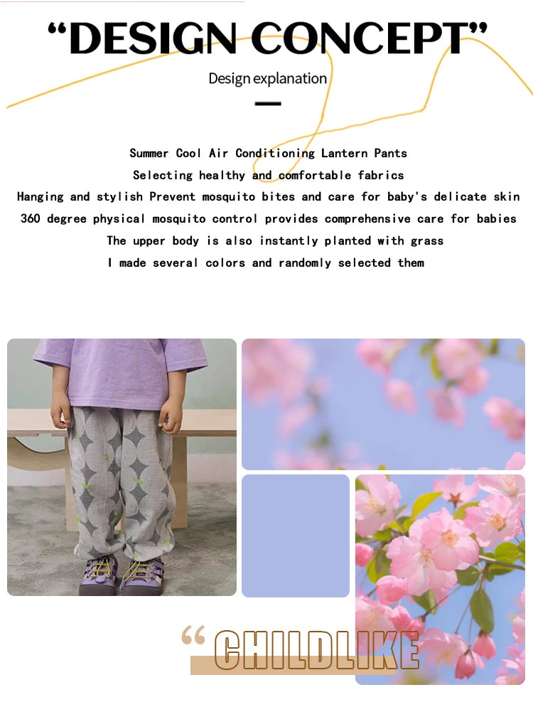 Kids Printed Mosquito-Repellent Pants Summer Boys Girls Pure Cotton Breathable Elastic Cuff Trousers for Baby Toddler Outdoor
