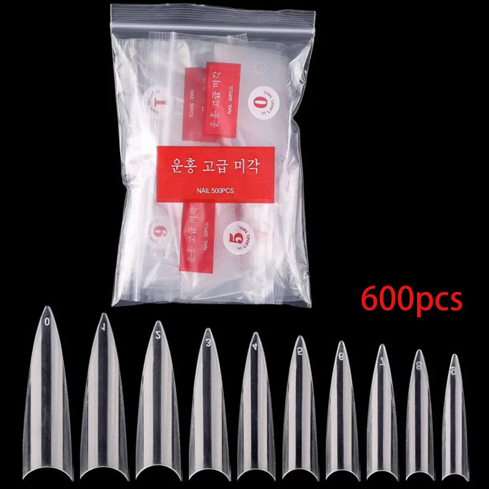 1Bag(600Pcs)Natural Stiletto Practice Nail Tips 10Size Half Cover Fake Acrylic Tip UV Gel Extension Press On Nails Manicure Tool