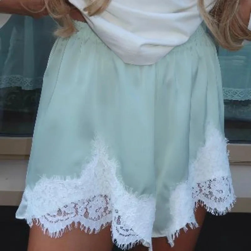 Women Y2k Slik Lace Trim Shorts Stain Pajama Micro Mini Slip Boxer Shorts Low Rise Lounge Pj Bottoms Pettipants Streetwear