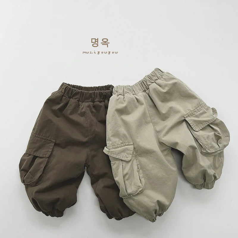 Winter New Children Loose Trousers Plus Velvet Thicken Baby Boy Girls Solid Casual Pants Fashion Kids Fleece Warm Cargo Pants