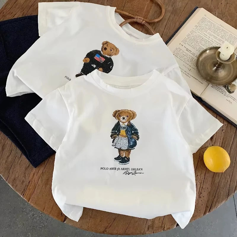 Children's cotton T-shirt boys and girls cartoon teddy bear short-sleeved T-shirt cute pattern top suitable for all seasons