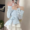 Blue Off Shoulder Irregular Slash Neck Long Sleeve Blouse