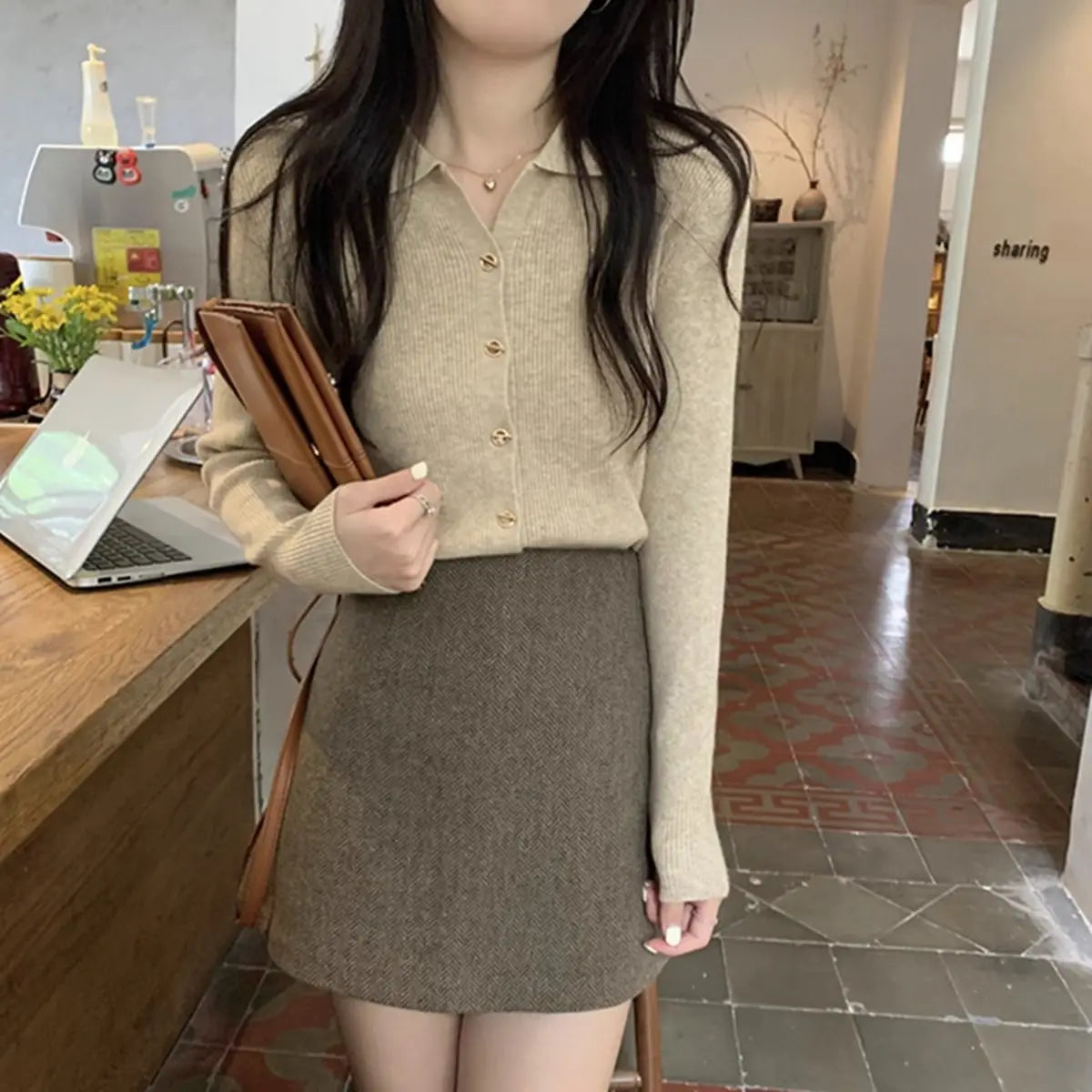 Autumn Elegant Fashion Solid Knit Cardigan Women Clothing Chic Turn-down Collar Long Sleeve Sweater All-match Elegant Button Top