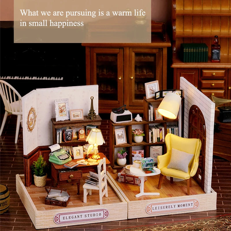 Wooden Miniature Doll House DIY Handmade Assembly Model Building Kit With Dust Cover