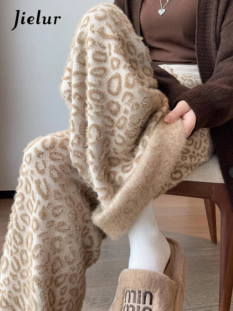 Leopard Print Contrast Color Basic Full Length Wide Leg Pants