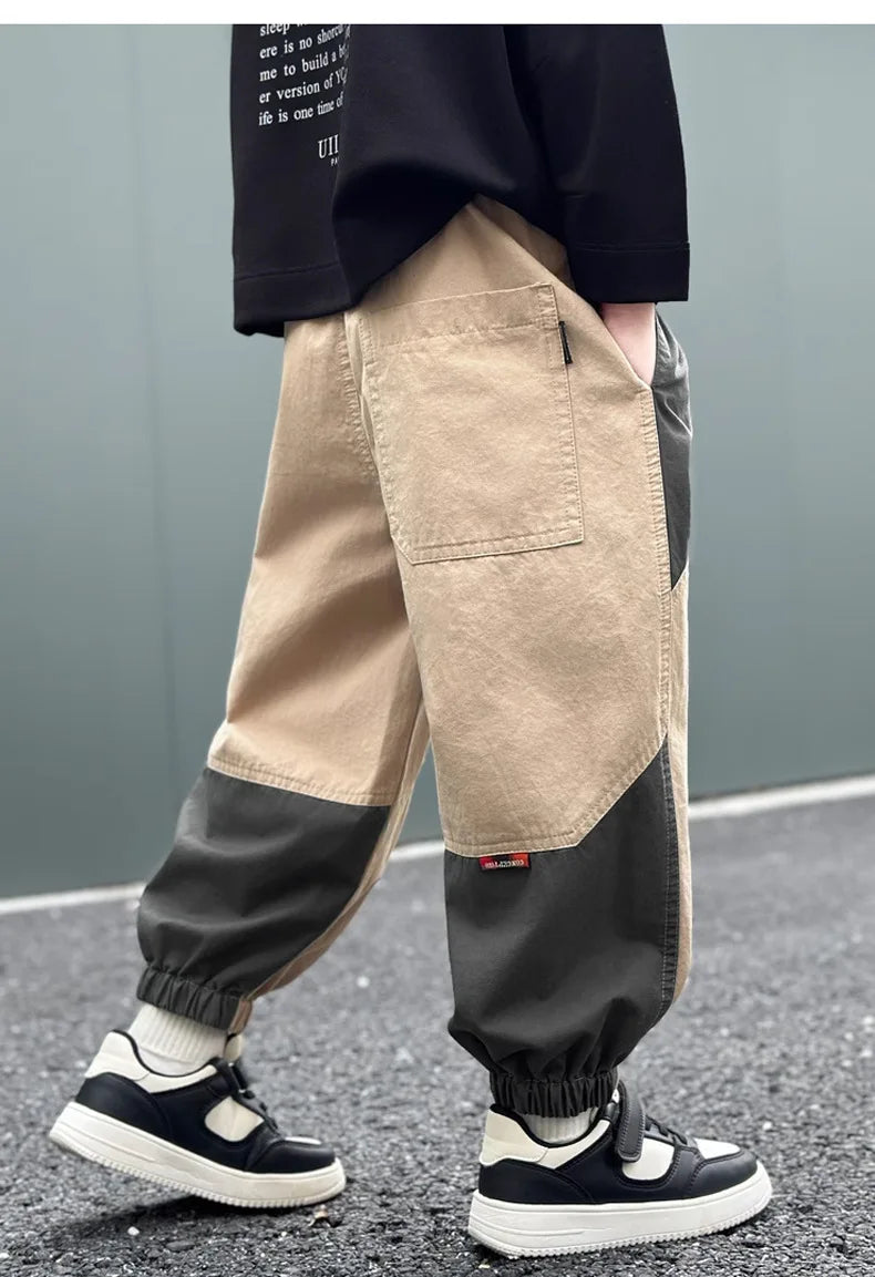 New Spring Autumn Fashion Splicing Style Boys Pants Loose Patchwork Sport Overalls Cargo Trousers For 4-14 Years Old Kids