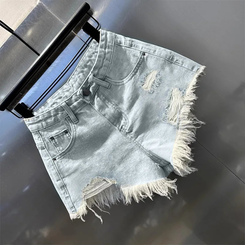 Retro Irregular Ripped Denim Shorts