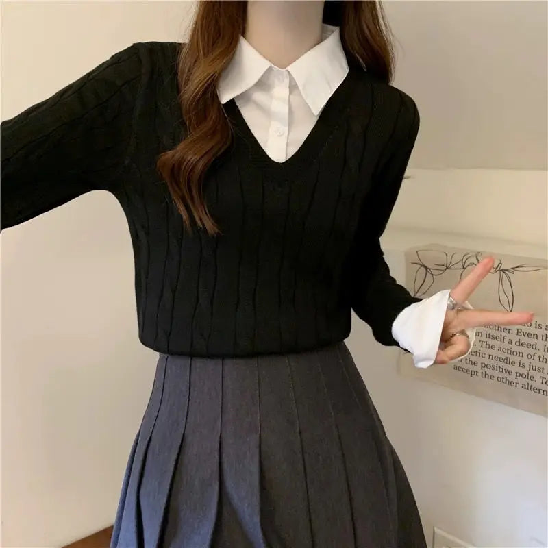 Fake Two Shirts, Knitted Sweater Women's Autumn/winter New Item Shirt Collar Niche Sweater Long Sleeved Top Inner Layer as Base