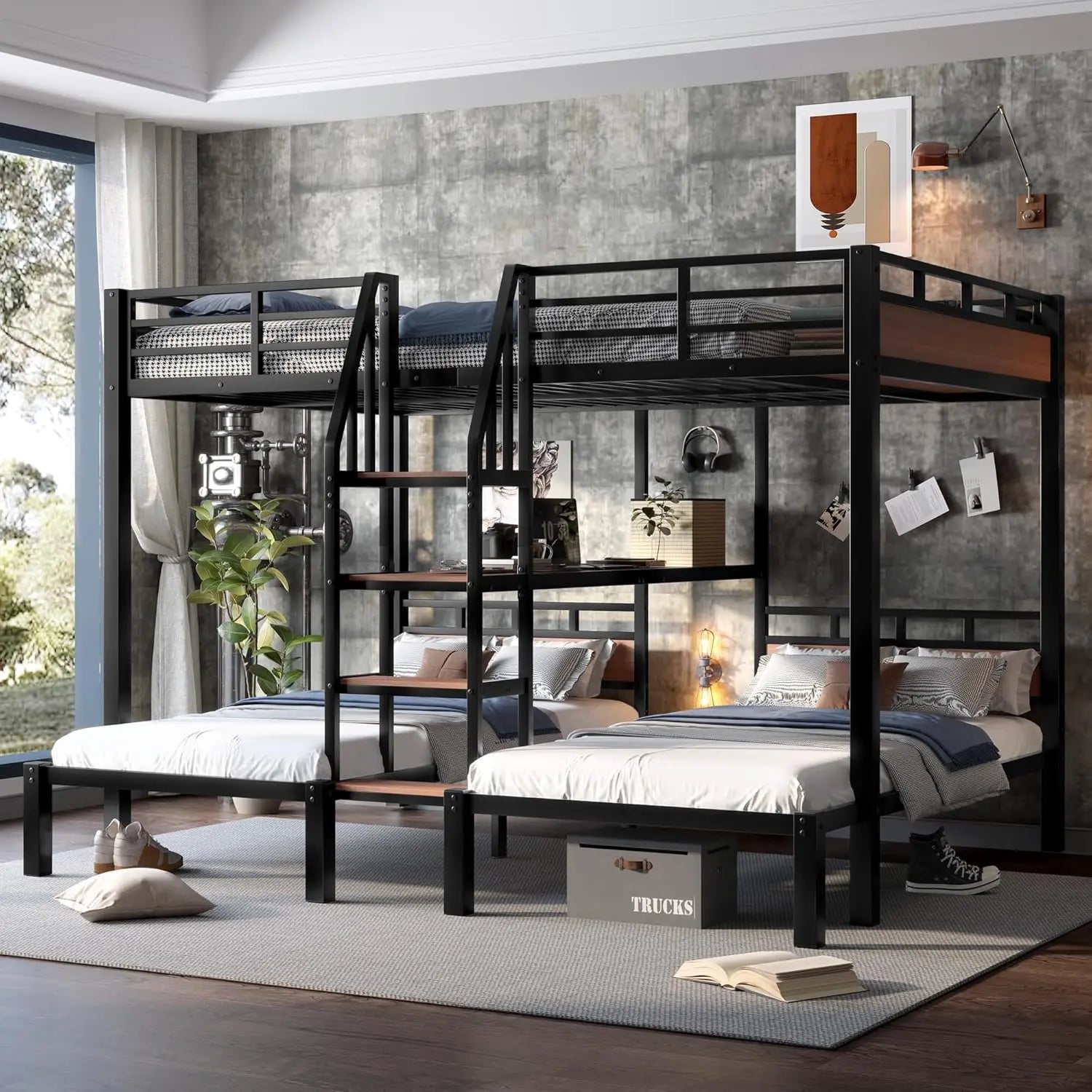 Queen Over Twin Over Twin Metal BunkBed with Storage Stairs and Shelves