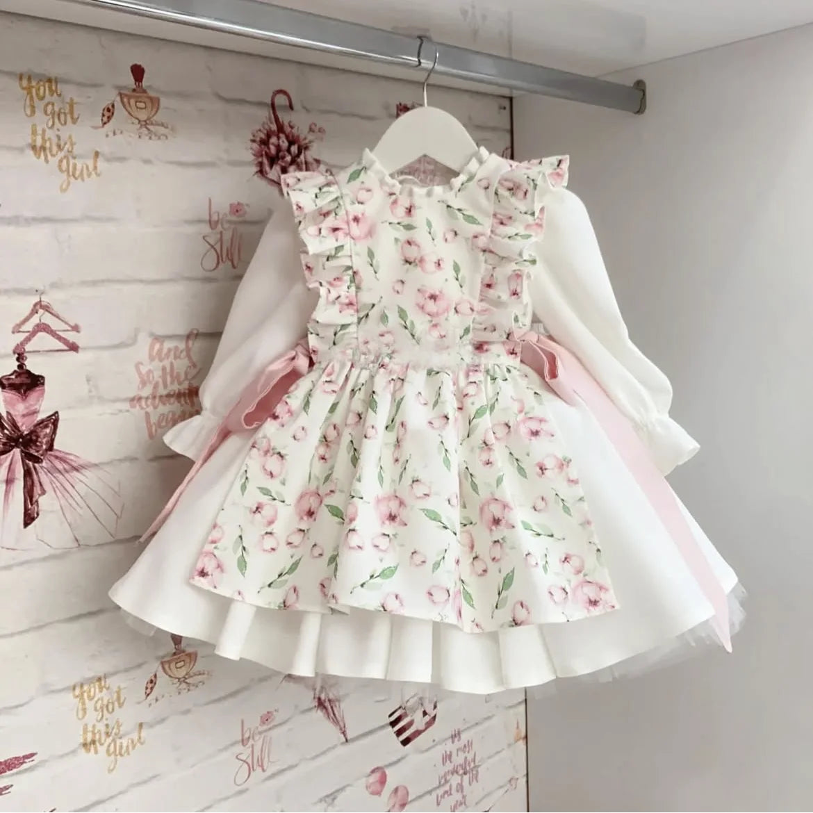 Baby Girl Autumn Floral Printed Turkish Vintage Princess Ball Gown White Dress for Birthday Holiday Photography  C25