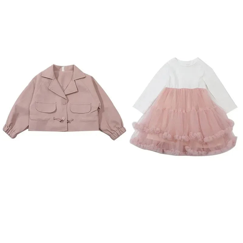 Girl Clothes Suit Autumn 2023 New Baby Foreign Style Small Fragrant Wind Leather Coat Dress Two-piece Set Kid Clothes Suit